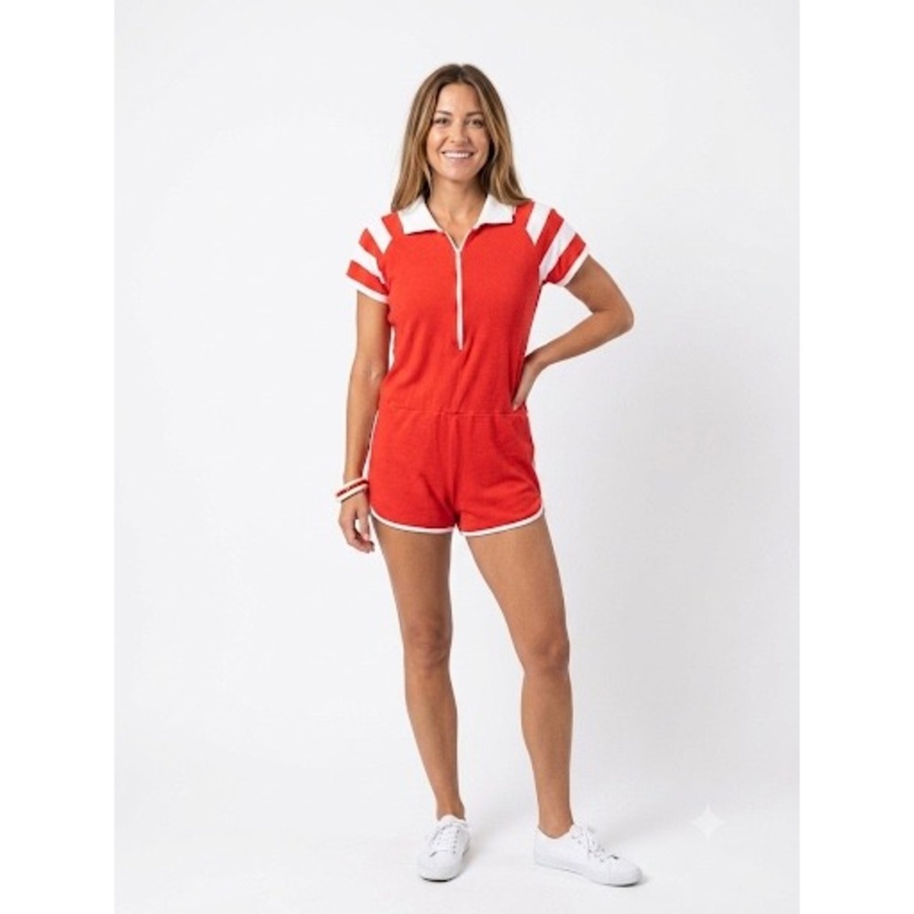 Vintage Red White Striped Short Sleeve Zip Front Romper Sporty Athletic Summer‎